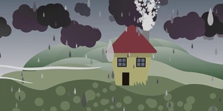 卡通二维动画的房子在阳光和雨天。无缝循环。动画