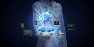 女科学家，工程师打开手掌，连接数字大脑，人工智能的设备。物联网。
