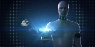 机器人，半机械人打开手掌，设备传感器图标连接物联网技术，人工智能。物联网。
