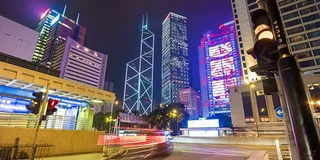 中国香港城市夜光交通街道市中心全景4k时间推移