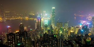 中国著名的香港城市观景台的顶峰夜景，4k时间的推移