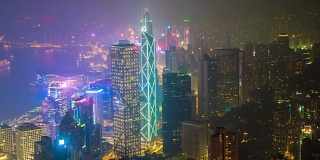 中国的山顶城市景观著名的夜晚香港湾全景4k时间的推移