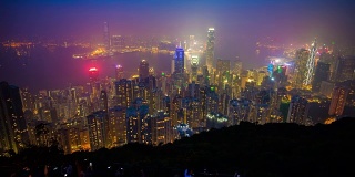中国山顶城市风光著名的夜光香港湾全景，4k时间的推移