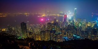 中国夜光山顶城市景观著名的香港湾全景，4k时间的推移