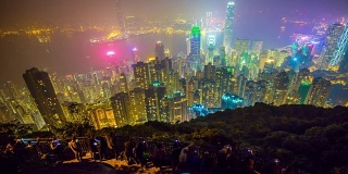 中国著名的夜间照明香港的山顶城市全景，4k时间的推移