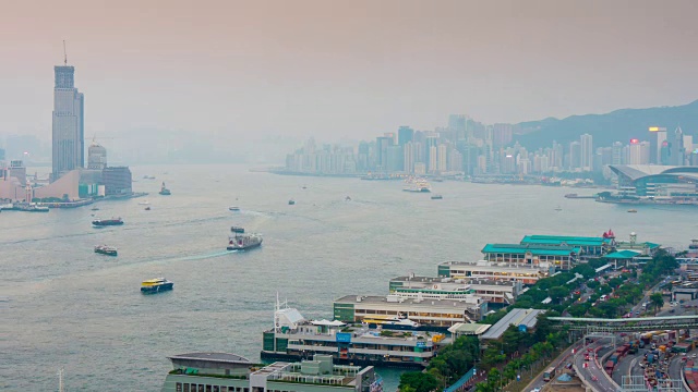 china sunset twilight hong kong traffic bay harbour rooftop panorama 4k time lapse