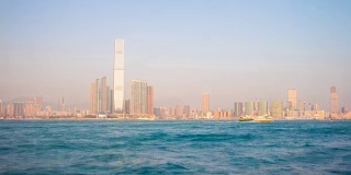中国日落阳光香港著名酒店海湾海港全景4k时间的推移