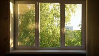 紧闭的白窗俯瞰绿色花园视频素材模板下载