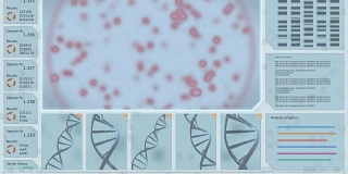 三维DNA结构与红色生物病毒模式的交互界面在培养皿中显微镜下复制生长。