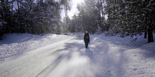 母亲和孩子步行的道路森林树冬天在加拿大安大略省雪