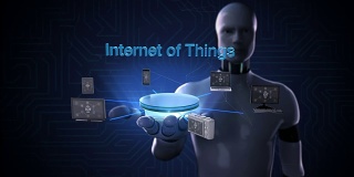 机器人、半机械人张开手掌、连接物联网技术的设备、人工智能。