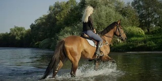 慢镜头:美丽的年轻女子骑着马穿过宽阔的浅河