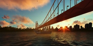 金门大桥渔船缩小，美丽的日出