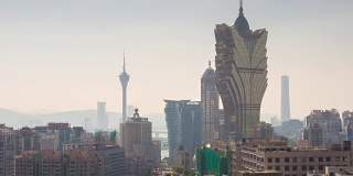 中国夏天澳门著名酒店大厦城市景观屋顶全景4k时间推移
