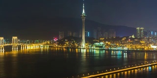 中国夜灯著名澳门塔氹仔大桥路全景4k时间流逝