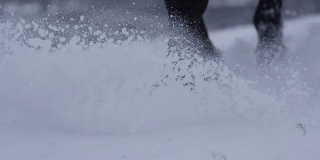 慢动作近距离细节马蹄走在新鲜的软雪在冬天