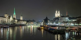 瑞士夜间照明苏黎世中央河桥城市全景4k时间流逝
