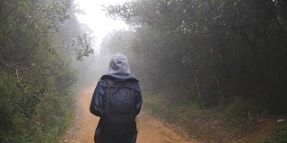 徒步女子背包行走在热带潮湿的森林。年轻的女孩在旅行中穿着雨衣在森林小径上。跟随女游客踩在丛林小径。慢镜头后视图