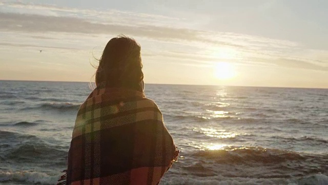 这个黑发女人站在海边做梦的背影。年轻的女性在享受海滩和日落