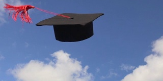 庆祝毕业的学生们在蓝天上抛撒带穗的学位帽