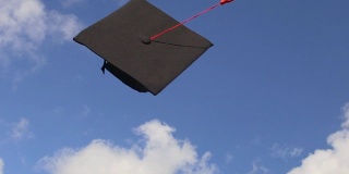 36、学术帽在蓝天上上下飞舞，同学们庆祝毕业