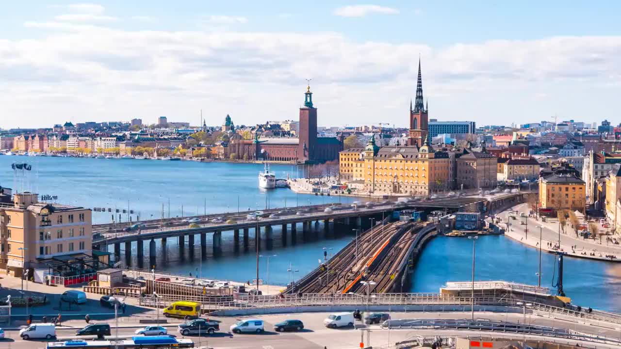 瑞典斯德哥尔摩城市景观的延时视频，延时4k
