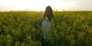 慢动作的少女行走和触摸植物在油菜籽田在日落