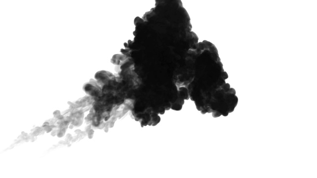 一墨流动，注入黑色染料云雾或烟雾，墨以慢动作注入白色。黑色油漆在水中飞溅。墨色背景或烟雾背景，为墨水效果使用光磨如阿尔法蒙版