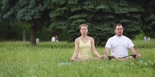 一个男人和一个女人在幸福中冥想。年轻的瑜伽教练在城市公园的草地上练习。成功的年轻人经常练习瑜伽。