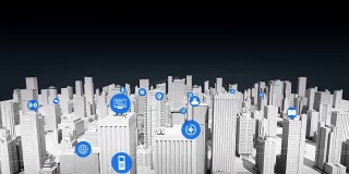 智慧城市上各种事物传感器图标，连接互联网技术。