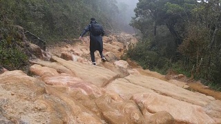 年轻小伙子穿着雨衣，在岩石小道上蹦蹦跳跳。徒步旅行者背着背包在潮湿的森林里的石头地上奔跑。男游客走在丛林小径上。慢镜头后视图视频素材模板下载