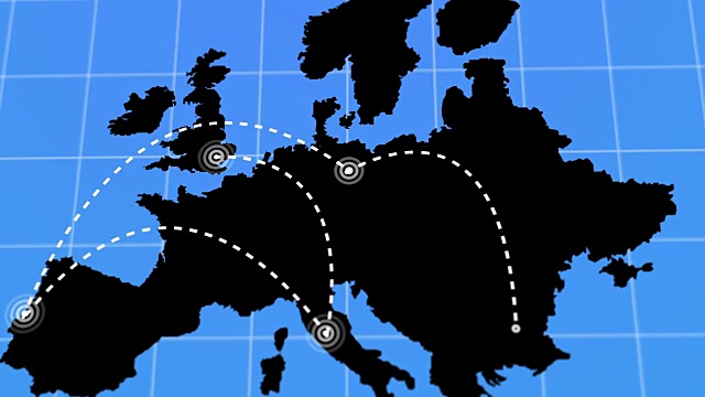 黑色动画旅行和商务旅行信息图在白色欧洲地球地图4k渲染视频