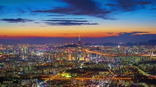 韩国首尔城和乐天大厦的时间流逝。视频素材模板下载