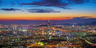 韩国首尔城和乐天大厦的时间流逝。