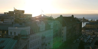 日落时的城市景色。赫尔辛堡，瑞典