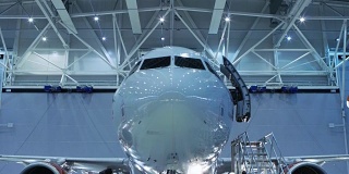 一架全新的飞机站在飞机维修机库中，飞机维修工程师/技术员/机械师用手电筒目视检查飞机。飞机舱门开着，梯子在旁边。