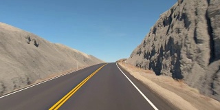 FPV:驾驶沿着空的道路通过灰色的沙漠峡谷在犹他州，美国