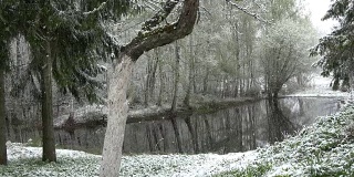 农场池塘边春末降雪