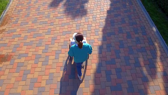 航拍轮椅上的老年妇女和护理人员