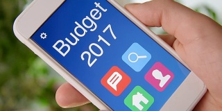 预算2017概念应用在智能手机上。男人用手机应用。