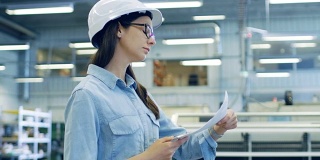 美丽的黑发工业工程师戴着安全帽研究蓝图和文件，而走过工厂。