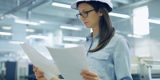 戴安全帽的女工程师站在大工厂的中央，绘制蓝图。