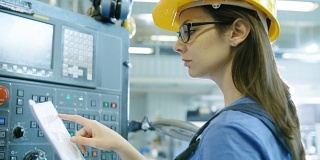 在大型工业工厂中，从事带控制面板的数控机床安装/编程的专业女操作员。