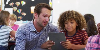 老师和小男生在课堂上使用平板电脑