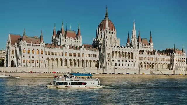 一艘游船在多瑙河上航行，背景是布达佩斯的匈牙利议会大楼