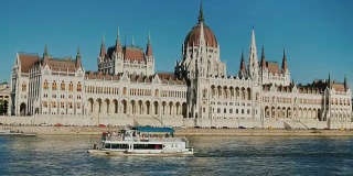 一艘游船在多瑙河上航行，背景是布达佩斯的匈牙利议会大楼