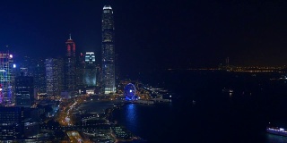 香港城市夜晚照亮市中心湾屋顶全景4k中国