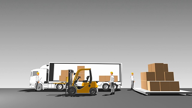 卡车自动送货，装货，物联网。卡通风格的侧视图。