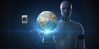 机器人，半机械人开手掌，全球地球网络通信连接移动，汽车，节能，洗衣机，冰箱，智能家居设备，物联网概念。