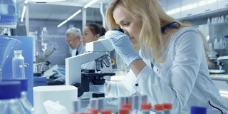 女性研究科学家在显微镜下观察生物样本。她和她的同事们在一个现代化的大实验室工作。